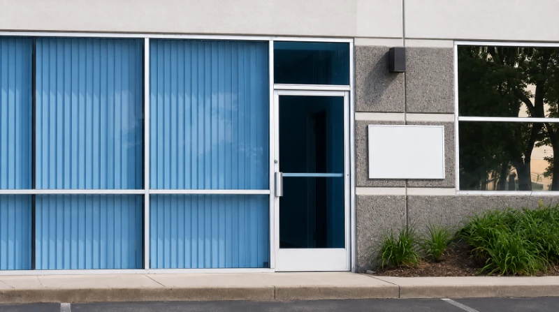 Street-facing office windows and glass entry door