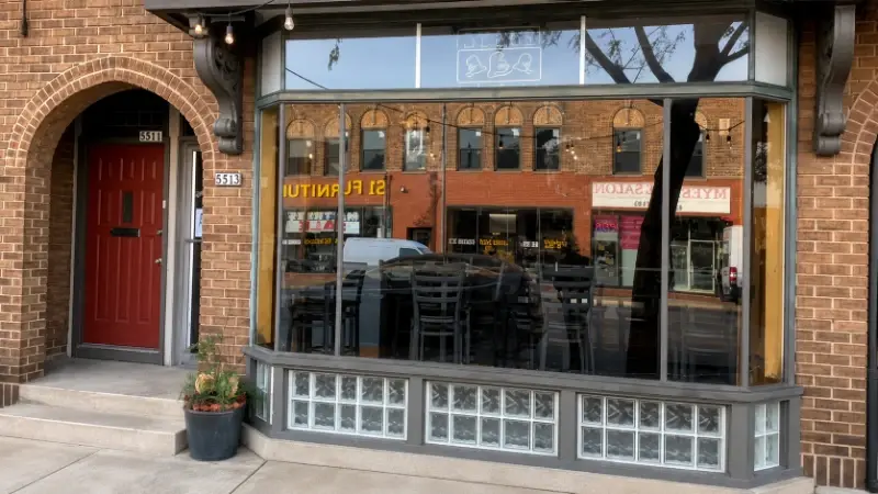Restaurant storefront windows and glass entrance