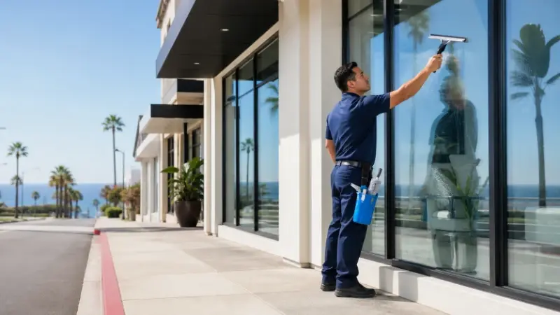 Professional cleaner washing a large commercial storefront window near the Southern California coast