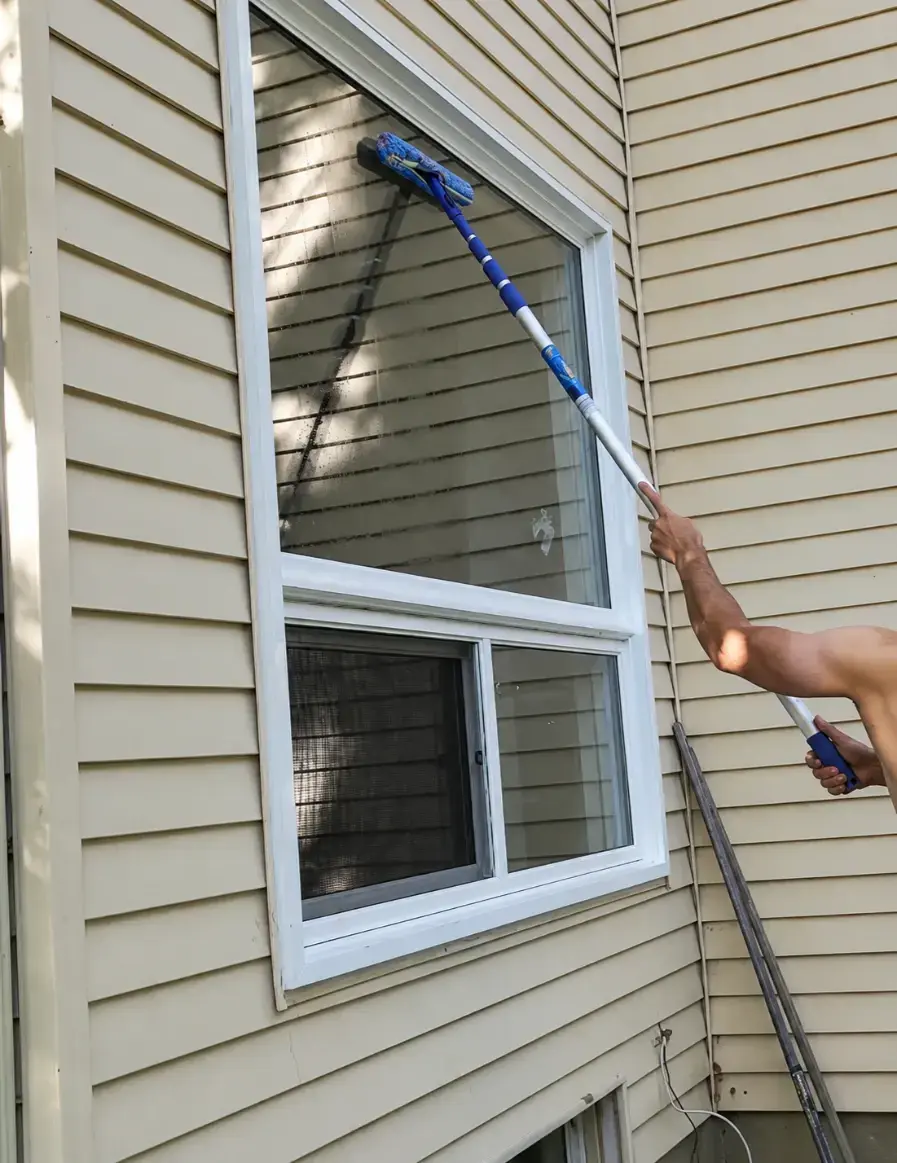 Exterior residential window being cleaned with professional equipment