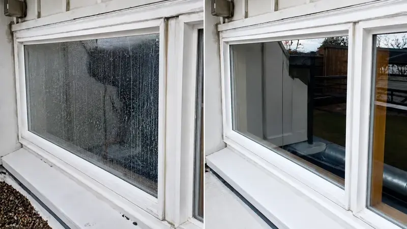 Before and after close view of hard water buildup removed from window glass