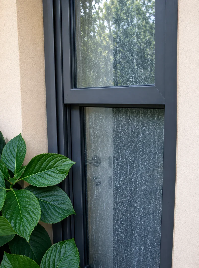 Close view of white mineral spotting on dark framed window glass