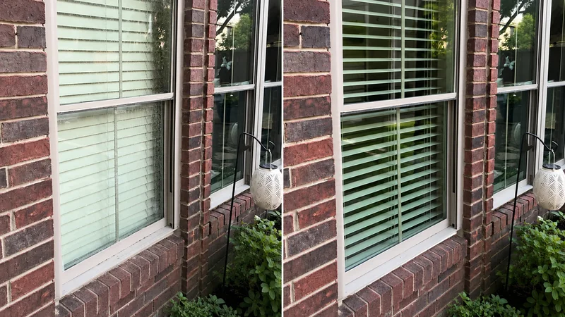 Before and after residential window glass with stubborn mineral stains removed