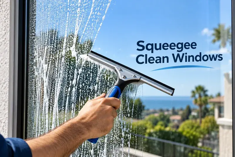 Professional squeegee removing dirty cleaning solution from window glass