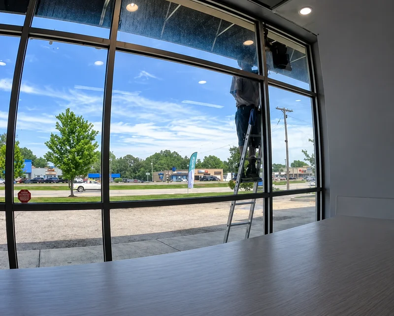 Construction residue visible around a newly installed black window frame and sill