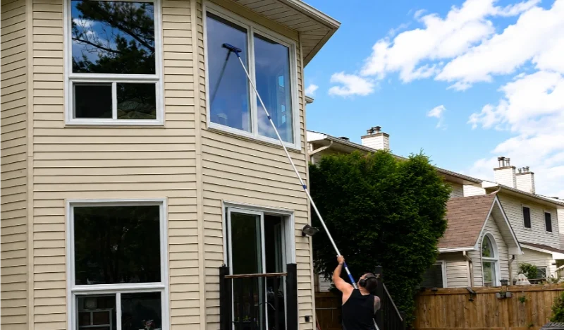 Window cleaner washing second-story windows on a residential home