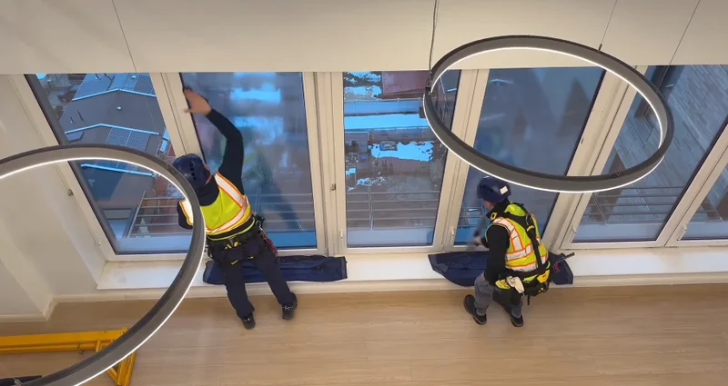 Professional cleaner washing the interior of tall windows during construction cleanup