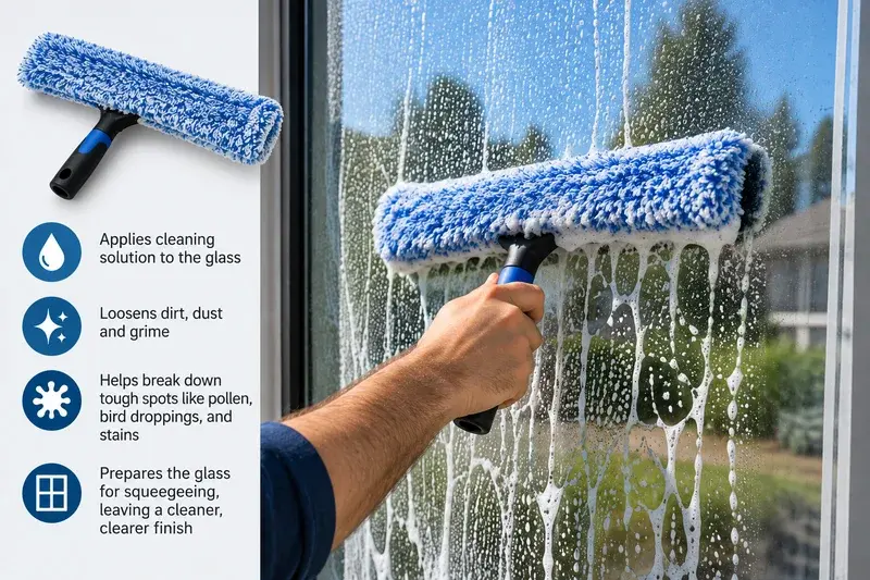 Professional window washer or scrubber being used to loosen surface contamination