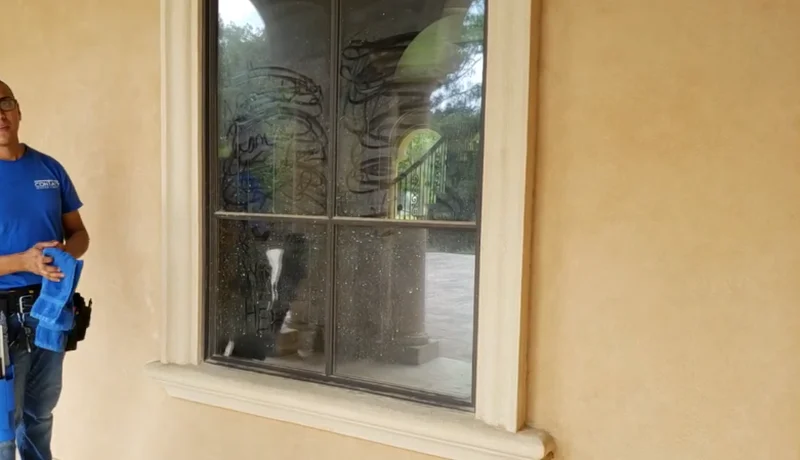 Protective film and construction residue remaining on newly installed glass doors