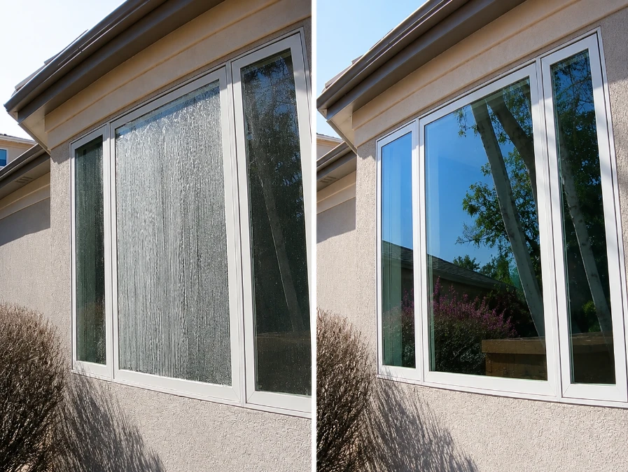 Residential window shown during cleaning and after surface residue is removed